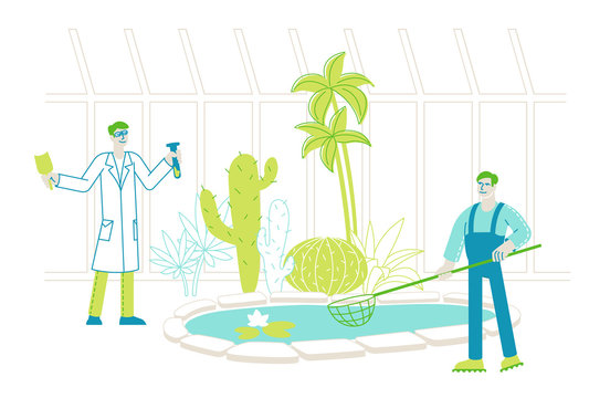 scientists in greenhouse with pond and plants clip art preview