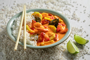 Fresh red curry with coconut milk, kaffir leaves and shrimps