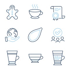 Frappe, Coffee cup and Americano line icons set. Diploma certificate, save planet, group of people. Pumpkin seed, Latte and Gingerbread man signs. Cold drink, Hot drink, Beverage cup. Vector