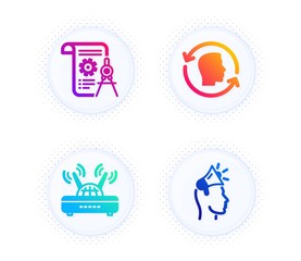 Wifi, Face id and Divider document icons simple set. Button with halftone dots. Brand ambassador sign. Internet router, Identification system, Report file. Megaphone. Technology set. Vector