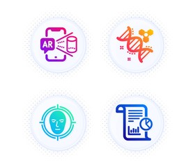 Chemistry dna, Face detect and Augmented reality icons simple set. Button with halftone dots. Report sign. Chemical formula, Select target, Phone simulation. Work analysis. Science set. Vector