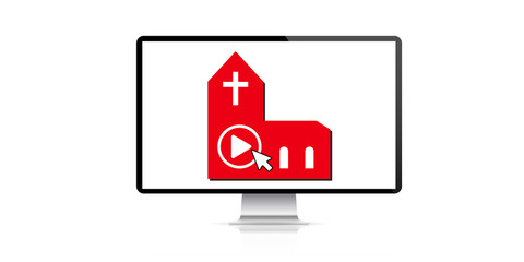 Monitor mockup online church service quarantine streaming video, christian church, chapel with cross flat icon for apps and websites