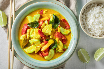 Fresh yellow curry with kaffir leaves, coconut milk and chicken