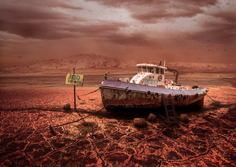 Water station on a dry lake, world in 2050 year