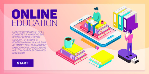 Isometric online education vector banner. E-learning. Imagination ad creativity.