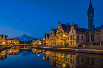 Fototapeta na wymiar Panoramic view on the Façades of the Graslei by night in Ghent, Belgium