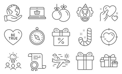 Set of Holidays icons, such as Airplane travel, Online shopping. Diploma, ideas, save planet. Be true, Discount offer, Christmas ball. Travel compass, Clown, Holiday presents. Vector
