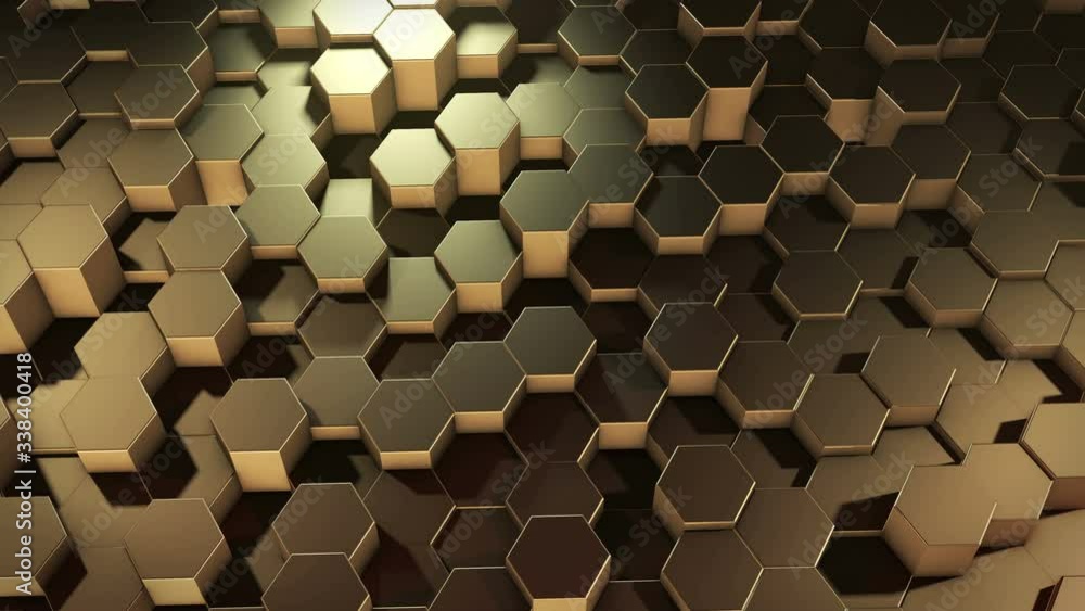 Poster an abstract hexagonal geometric golden surface cyclically moves in virtual space. chaotic vibrations