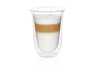 Transparent double wall glass mug with latte coffee isolated