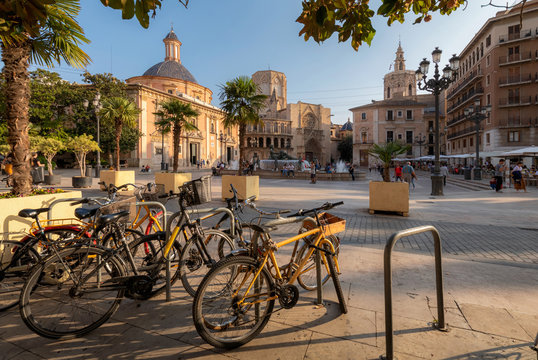 Valencia Spain Virgin Square and old town with bikes on the foreground