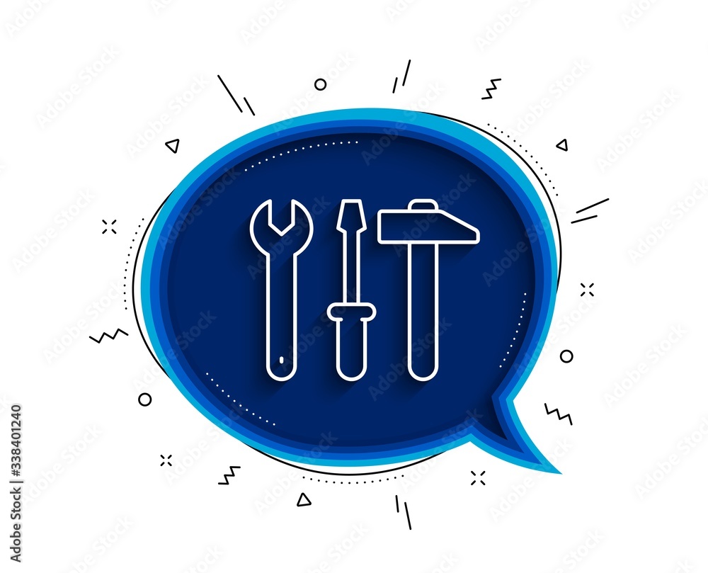 Poster spanner, hammer and screwdriver line icon. chat bubble with shadow. repair service sign. fix instrum