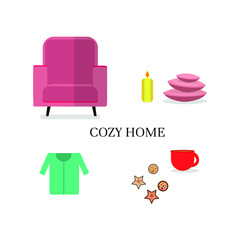 Vector set of elements flat cozy home. Armchair, pillows, switer, cup with tea, cookies,candle, cardigan illustration isolated on white. 