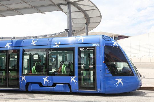 Montpellier, France - March 15, 2017: Tramway at Place de France station in Monpellier, France