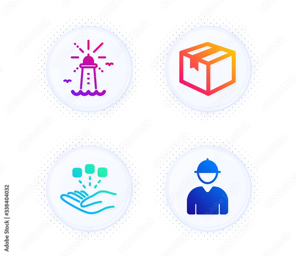 Poster parcel, lighthouse and consolidation icons simple set. button with halftone dots. engineer sign. shi