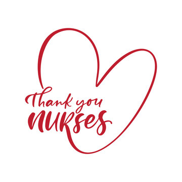 Thank you nurses red lettering vector text and heart on white background. illustration for International Nurses Day. Holiday for doctors