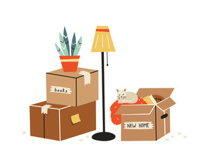 Moving to a new home. The family moved to a new home. Paper cardboard boxes with various household items. Vector illustration in a flat style