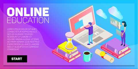 Isometric online education vector banner. E-learning. Imagination ad creativity.