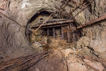 Underground abandoned bauxite ore mine tunnel