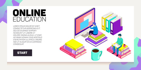 Isometric online education vector banner. E-learning. Imagination ad creativity.