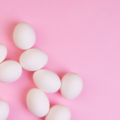 Beautiful banner with easter eggs. Food event concept. Bright festive decor. Colorful pink background. Flat design with copy space.