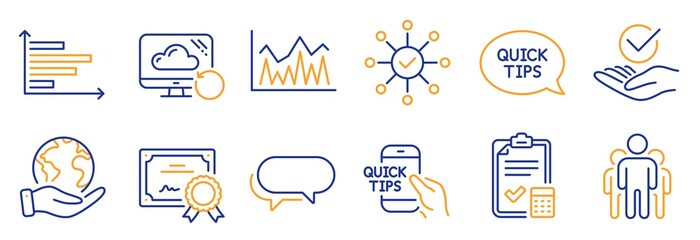 Set of Education icons, such as Investment, Quickstart guide. Certificate, save planet. Group, Horizontal chart, Recovery cloud. Approved, Messenger, Survey check. Vector