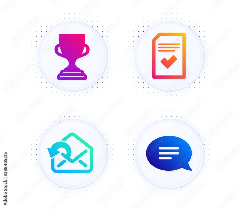Poster checked file, send mail and award cup icons simple set. button with halftone dots. chat sign. correc