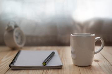 Morning work desk with warm coffee