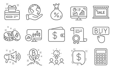 Set of Finance icons, such as Dollar wallet, Sale. Diploma, ideas, save planet. Bitcoin, Calculator, Analytics graph. Loyalty card, Payment message, Loan. Vector