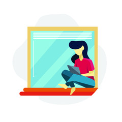 Quarantine, stay at home concept series woman sitting at their home, room or apartment, with laptop use for illustration, information, and other