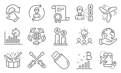 Set of Business icons, such as Bitcoin graph, Report timer. Diploma, ideas, save planet. Usb stick, Drums, Ab testing. Human resources, Rotation gesture, Opinion. Vector