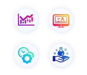 Time management, Online video and Financial diagram icons simple set. Button with halftone dots. Chemistry lab sign. Settings, Video exam, Candlestick chart. Laboratory. Education set. Vector