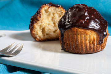 Delicious Chocolate Muffins. Homemade muffin with chocolate topping. Easter sweet dessert. Close up view.