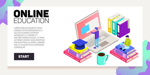 Isometric online education vector banner. E-learning. Imagination ad creativity.