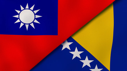 The flags of Taiwan and Bosnia and Herzegovina. News, reportage, business background. 3d illustration - obrazy, fototapety, plakaty
