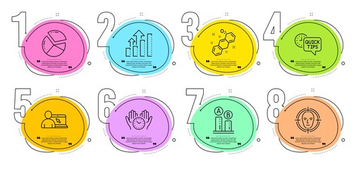 Analysis graph, Pie chart and Online education signs. Timeline steps infographic. Ab testing, Safe time and Quick tips line icons set. Chemical formula, Face detect symbols. Vector