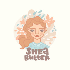 Vector hand drawn illustration. Red-haired girl with curly hair and the inscription. Shea butter lettering. Round background with abstract shapes, flowers. Cosmetology, cream, mask. Icon in flat style