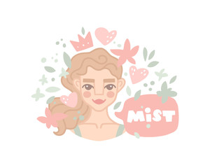 Vector hand drawn illustration in flat style. Girl with curly hair and the inscription. Mist lettering in speech bubble. Background with flowers, heart, crown. Border in sketch style. Skin care routin