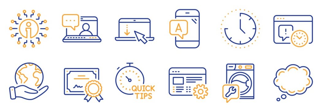 Set of Technology icons, such as Washing machine, Comic message. Certificate, save planet. Scroll down, Time, Web settings. Project deadline, Info, Friends chat. Vector