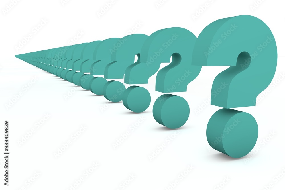 Poster 3d rendering row of question marks on white background