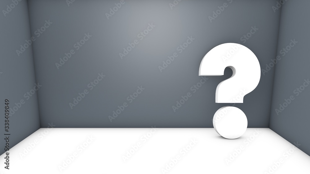 Poster isolated 3d rendering white question mark in a grey room with space for text