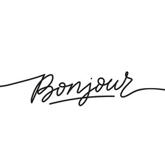 Bonjour hello french handwritten lettering card vector illustration. Good morning or greeting flat style. Minimalism and simplicity concept. Isolated on white background © mitoria