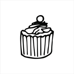 Single hand drawn cupcake, muffin. Doodle vector illustration in cute scandinavian style. Element for greeting cards, posters, stickers and seasonal design. Isolated on white background
