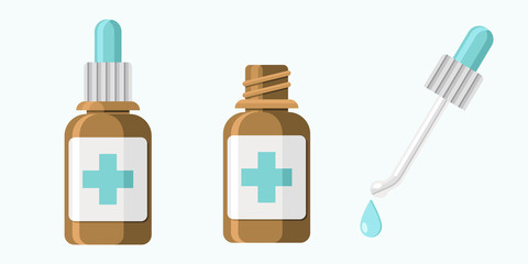 Nasal drops with pipette flat vector illustration. Set of three illustrations.
