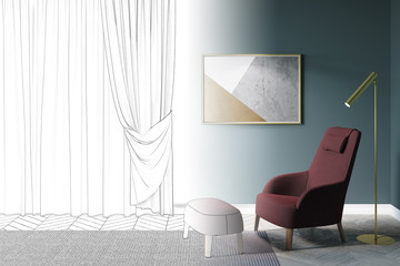 The sketch becomes a real cozy green living room. Window with dense curtains, a horizontal poster above a burgundy armchair with a pouf for legs. Front view. 3d render