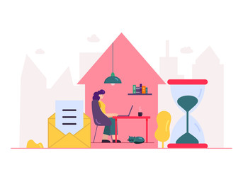 Flat Style Design. Freelancer Working from Home Telecommuting Vector Illustration