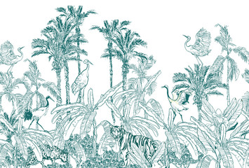 Seamless Border Animals in Tropical Forest with Banana Palms Blue on White background, Lithography Jungle Wallpaper Mural, Wildlife High End Back Drop Heron, Crane, Tiger, Leopard in Exotic Plants - 338411835