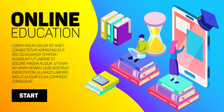 Isometric online education vector banner. E-learning. Imagination ad creativity.