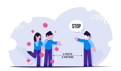 Social distance and microbicide mask as a way to protect against virus covid-19. Moden flat vector illustration isolated on white background.