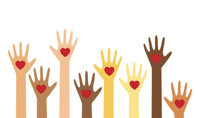 Human hand, palm with heart different races colorful vector illustration. Volunteer, charity help concept.