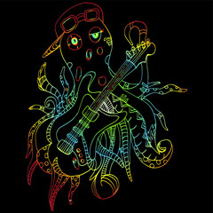 Octopus plays the guitar. With a cap and sunglasses. Variety, decorated tentacles. Sea monster under water. Freehand sketch. Bright, cartoon illustration.